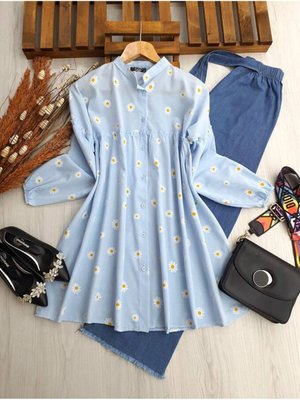 Sarı Papatyalı Pileli Gömlek Tunik