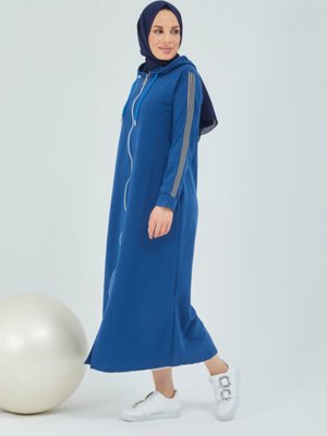 Önden Fermarlı Kapüşonlu Spor Ferace İndigo