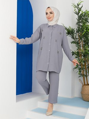 Keten Gri Kumaş Taşlı Alt Üst Takım