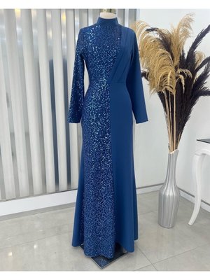 Pul Payetli Açelya Abiye Elbise İndigo Pul Payetli Açelya Abiye Elbise İndigo