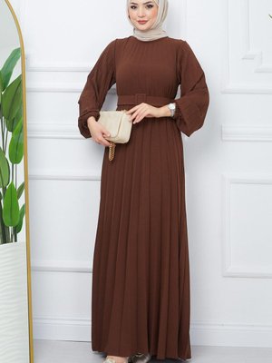 Kemerli Piliseli Aerobin Elbise Kahverengi