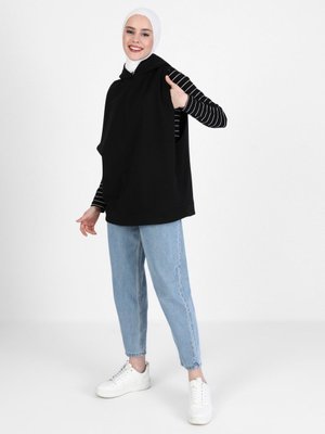 Kapüşonlu Kolsuz Sweatshirt Siyah