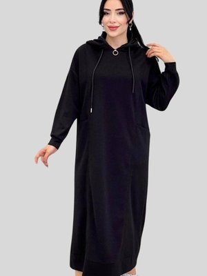 Siyah Yakası Fermuarlı Dik Yaka Kapüşonlu Uzun Spor Elbise Siyah Yakası Fermuarlı Dik Yaka Kapüşonlu Uzun Spor Elbise