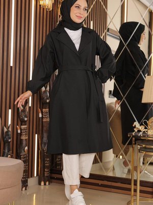Geniş Yaka Kuşaklı Trençkot Siyah
