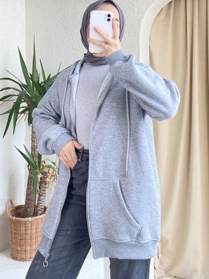 Siyah Kapüşonlu Fermuarlı Kalın Içi Polarlı Örme Sweatshirt