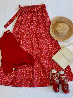 Crop & Kırmızı Küçük Çiçekli Kat Kat Etek