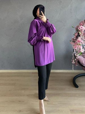 Kolu Ve Boynu Büzgülü Tunik Mor