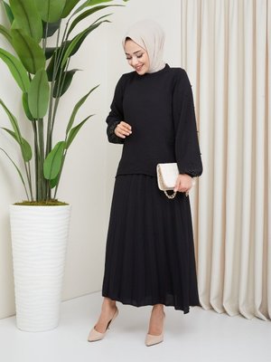 Takım Etek Tunik Taşlı İncili Siyah