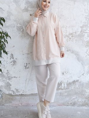 Elinya Şerit Desen Keten Gömlek Takımı Somon