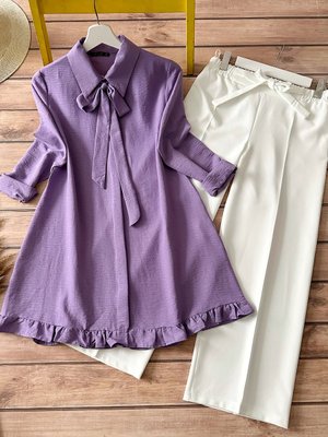 Kombin Kurdela Fırfır Detaylı Tunik Ve Pantolon Lila