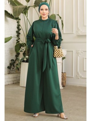 Zümrüt Yeşili Fulya Kolları Lastikli Kemerli Tulum