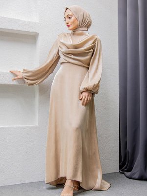 Degaje Yakalı Parıltı Abiye Elbise Bej