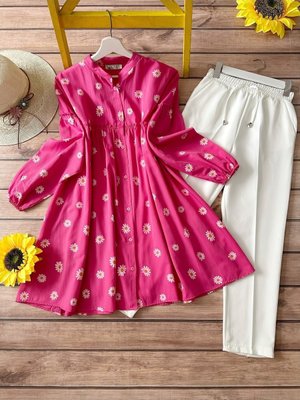 Kombin Papatya Büzgülü Tunik Ve Pantolon Fuşya