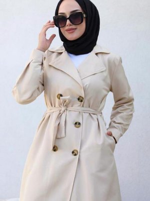 Kadın Bej Kruvaze Yaka Kuşaklı Trençkot T Kadın Bej Kruvaze Yaka Kuşaklı Trençkot T