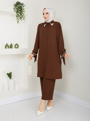 Yakası Ve Manşeti İnci Boncuklu Büyük Beden İkili Takım