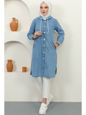 Mavi Düğme Detaylı Kapüşonlu Kap