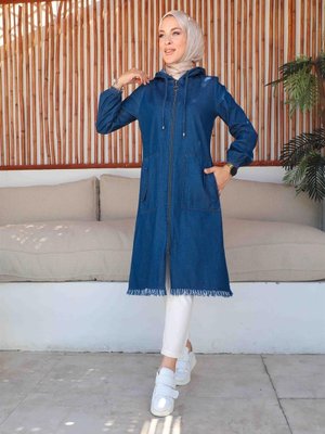 Kapşon Detaylı Koyu Kot Kap