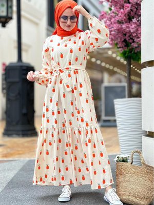 Keten Kumaş Ananas Desenli Uzun Elbise Turuncu Keten Kumaş Ananas Desenli Uzun Elbise Turuncu