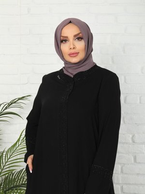 Fermuarlı Taşlı Siyah Ferace