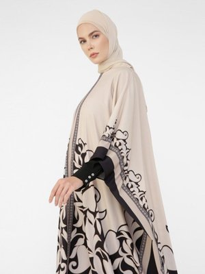 Çiçek Desenli Abiye Ferace Bej Siyah