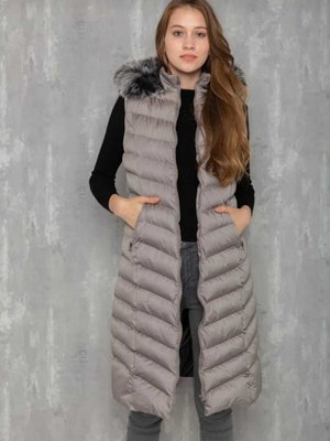 Uzun Boy Kürklü Kapüşonlu Yelek
