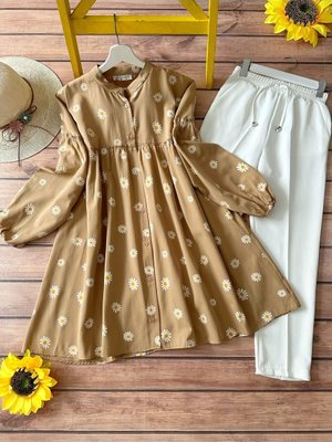 Kombin Papatya Büzgülü Tunik Ve Pantolon Kamel