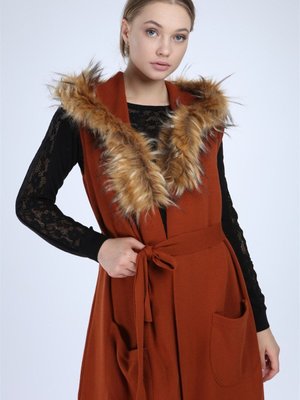 Women Kürk Detaylı Yelek Kiremit