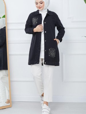 Taş Baskılı Kot Ceket Siyah Taş Baskılı Kot Ceket Siyah