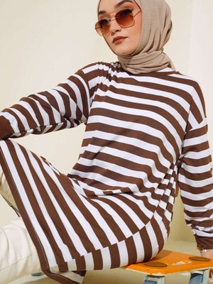 Terletmeyen Ince Kumaş Yazlık Kalın Çizgili Kahverengi Tunik