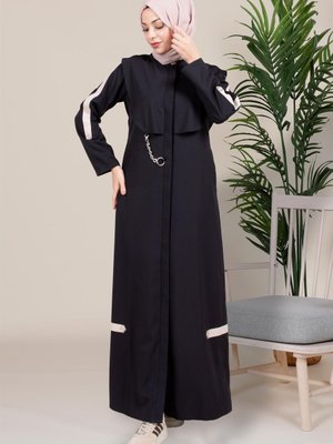 Bafra Zincir Detaylı Siyah Ferace