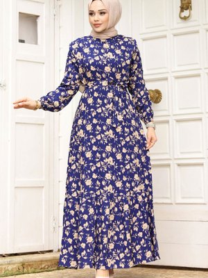 Çiçek Desenli Beli Kuşaklı Volanlı Elbise İndigo