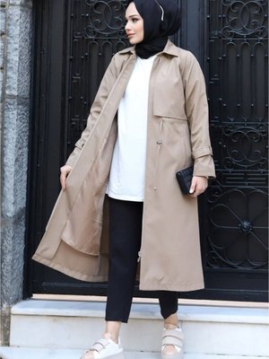 Kolu Kemer Detaylı Fermuarlı Gömlek Yaka Astarlı Trençkot