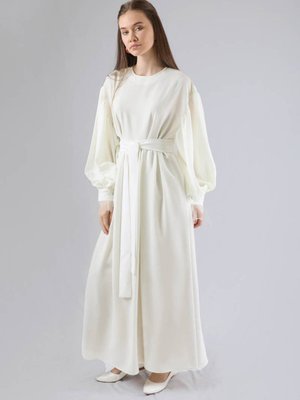 Tül Detaylı Büzgülü Elbise Ekru Tül Detaylı Büzgülü Elbise Ekru