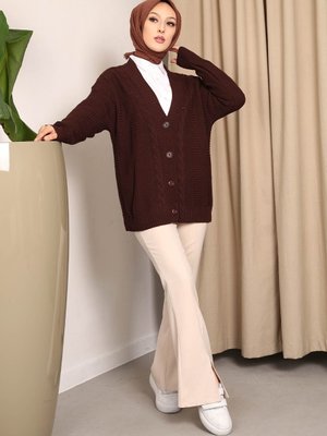 Kahverengi Düğmeli Selanik Örgülü Kısa Triko Hırka