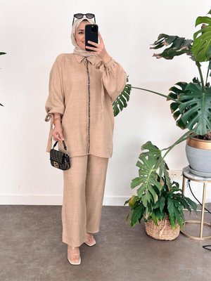 Boncuklu Pamuk Keten Takım Bej Boncuklu Pamuk Keten Takım Bej