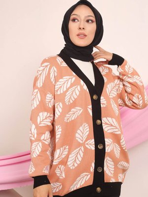 Somon Düğmeli Desenli Triko Hırka