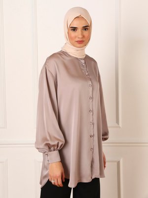 Düğmeli Geniş Kalıp Saten Tunik Vizon