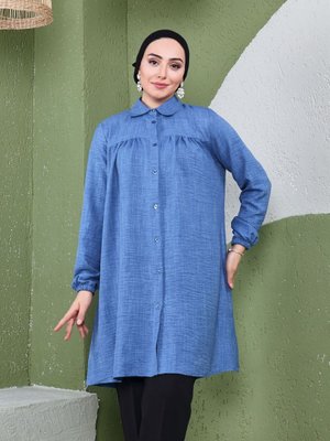 Önü Büzgülü Kolu Lastikli İthal Keten Tunik Gömlek