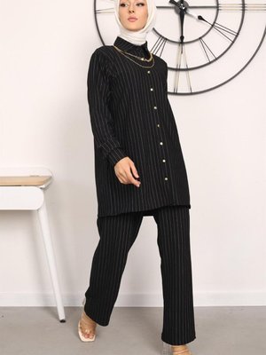 Siyah Kolyeli Çizgili Krep Takım