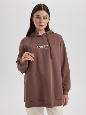 Regular Fit Kapüşonlu Nakışlı Kalın Sweatshirt Tunik