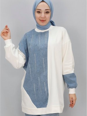 İp Kumaş Taş Şeritli Ve Kot Garnili Sweatshirt İp Kumaş Taş Şeritli Ve Kot Garnili Sweatshirt