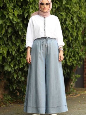 Lastikli Bol Paça Pantolon Açık Mavi