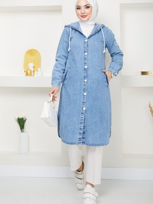 Mavi Kapüşonlu Düğmeli Cepli Yırtmaçlı Kot Kap Mavi Kapüşonlu Düğmeli Cepli Yırtmaçlı Kot Kap