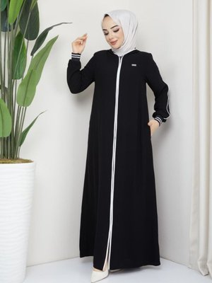 Biyeli Arma Detaylı Ribanalı Spor Ferace Siyah