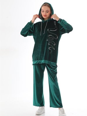Zümrüt Kadife Taş İşlemeli Kapüşonlu Takım