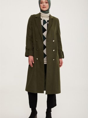 Yanları Cepli Kruvaze Kaban Haki