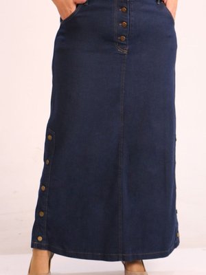 Lacivert Büyük Beden Yandan Düğmeli Uzun Kot Etek