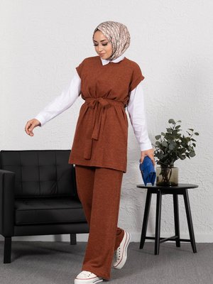 Kolsuz İkili Örme Takım Kahverengi