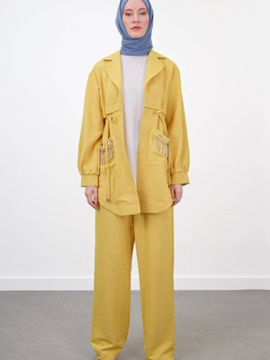 Keten Taş Işlemeli Üçlü Takım Safran