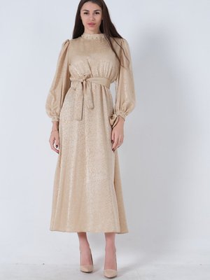 Gold Kolları Ve Yakası Taş İşlemeli Beli Lastikli Abiye Elbise